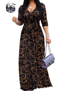 Plus Size Maxi Dress 3/4 Sleeve V-Neck Wrap Casual Semi-Formal Belted